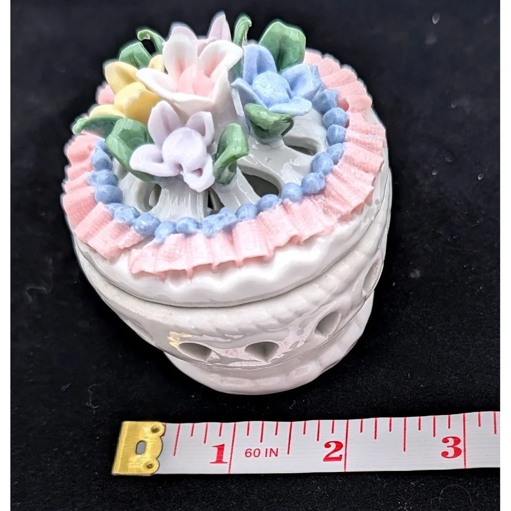 Vintage Porcelain Floral Trinket Box Reticulated Pierced Ceramic Jewelry Jar